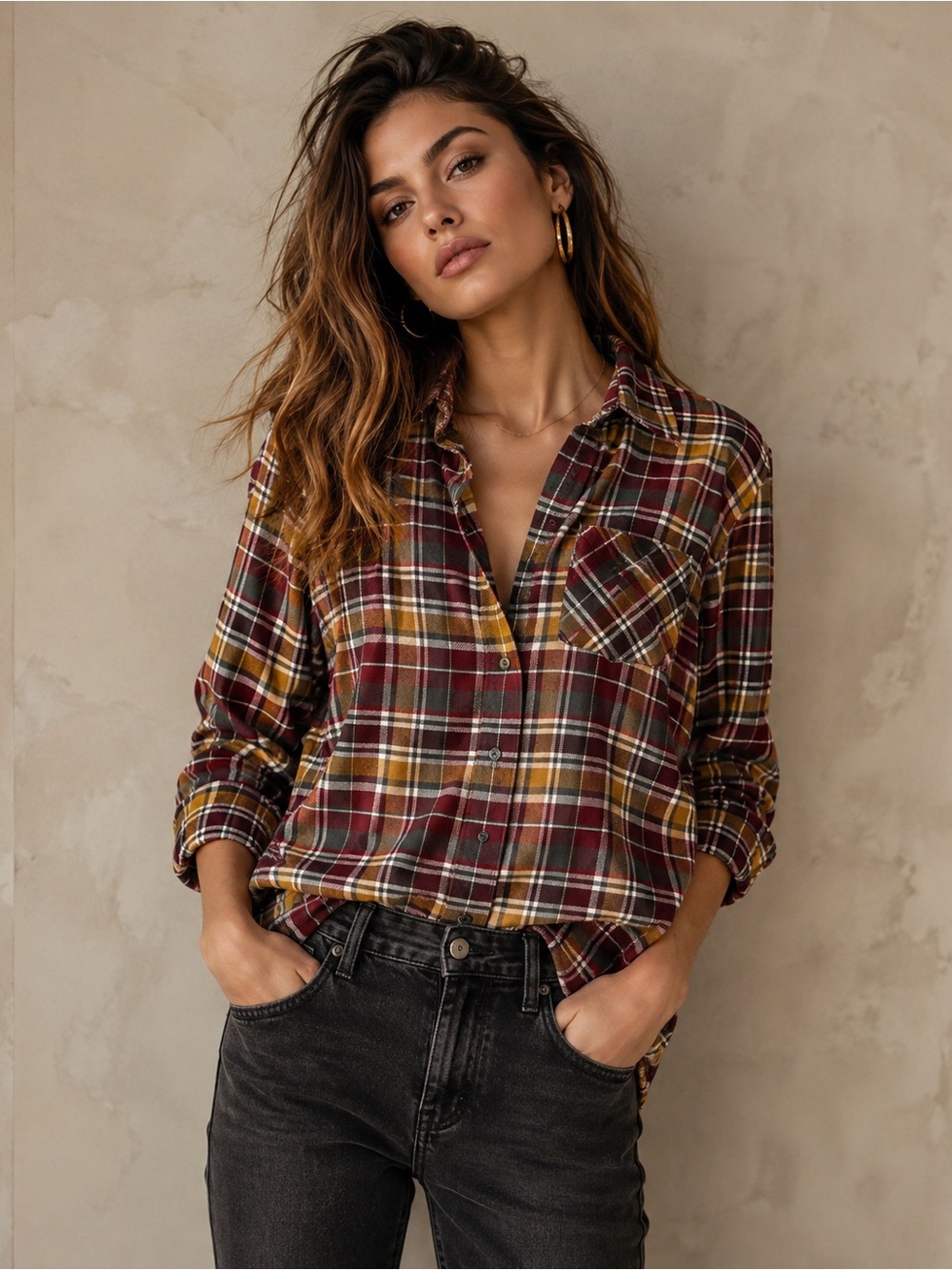 Lucky Brand Plaid Button Down Shirt Burgundy Brown Mustard Long Sleeve M